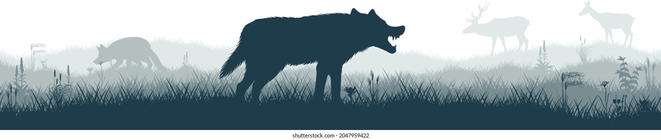 Seamless panorama of the prarie with grey wolf, deers and fox