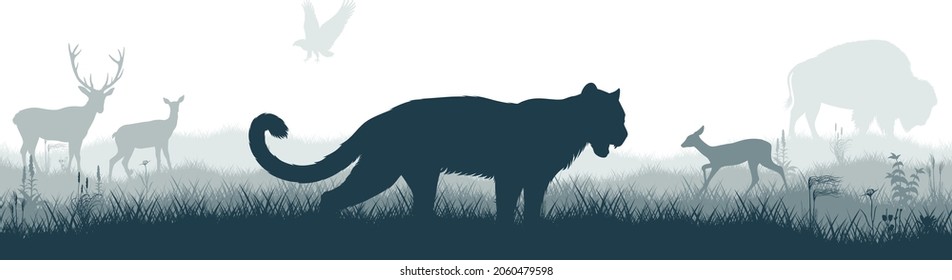 Seamless panorama of the prarie with puma cougar (Puma concolor) or  mountain lion, deers, eagle and  zubr buffalo bison