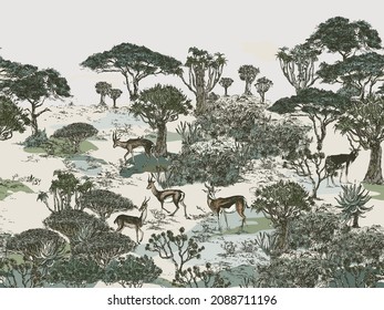 Seamless Panorama Safari Wildlife, African Animals in National Park Landscape, Antelopes in Savannah, Trees Panoramic View Hand Drawn Illustration, Mural Wallpaper Design