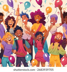 Seamless panorama vector cartoon pattern with diverse crowd of young people in colorful outfits, celebrating with balloons and confettis. Joyful group standing together, reflecting social diversity. 