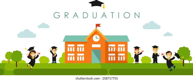 Seamless panoramic background with school building and graduates in flat style