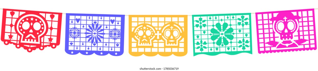 Seamless panoramic banner for the Day of the Dead decorations. Mexican Dia de Muertos papel picado