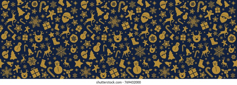 Seamless panoramic Christmas background with icons. Vector.