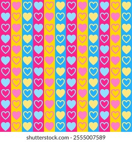 Seamless pansexual color scheme featuring heart-shaped wrapping paper or fabric, consisting of pink for female attraction, blue for male, and yellow for attraction to any gender other.