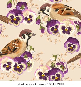 Seamless pansy and bird