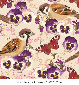 Seamless pansy and bird