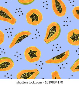 Seamless papaya fruit pattern. Vector background with orange fruit slices.