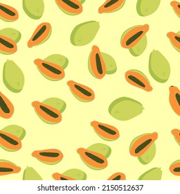 Seamless papaya fruit pattern whole and half