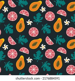 Papaya y pomelo sin foco. Impresión de cítricos tropicales para envolver papel, tela, diseño de menú saludable, paquete, fondo de pancarta exótico. Doodle dibujado a mano. Ilustración vectorial botánica