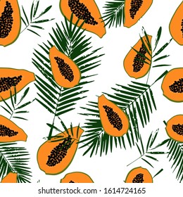 Seamless papaya pattern with tropical leaves. Tropical warm print. Exotic fruits. Thailand. Vietnam. Vector pattern. On a white background. 