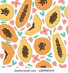Seamless papaya pattern. Tropical vector illustration. Exotic fruit texture and background. Sliced papaya.