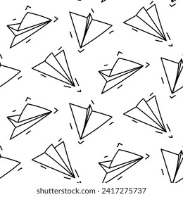 Seamless paper airplane doodle pattern. Background illustration of a paper airplane in the style of doodles in vector format. A monochrome repeating element in the texture. Different direction