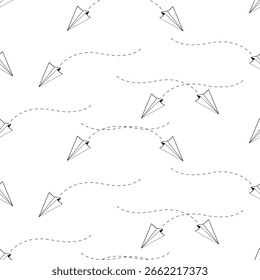 Seamless paper airplane pattern and dotted lines. Vector illustration background tourism concept ideas.