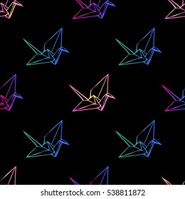 Seamless paper bird origami neon pattern background