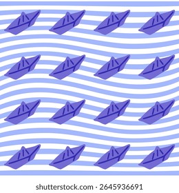 Padrão de verão de barco de papel sem costura. Barcos de papel roxo flutuando sobre fundo listrado azul ondulado e branco. Desenho plano sem emenda repete o design.