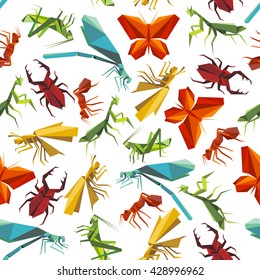 Seamless paper origami insects pattern background for nature theme design with colorful butterflies and ants, dragonflies, beetles and grasshoppers, mantises and locusts