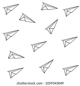 Seamless paper plane flying on white.