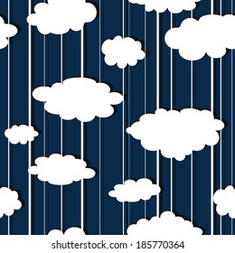 Seamless paper striped blue background with clouds and rain.