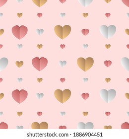 Textura de papel sin soldadura con patrón de forma cardíaca sobre fondo rosado. Obra de San Valentín para afiches, tarjetas de felicitación, aniversario o celebración.