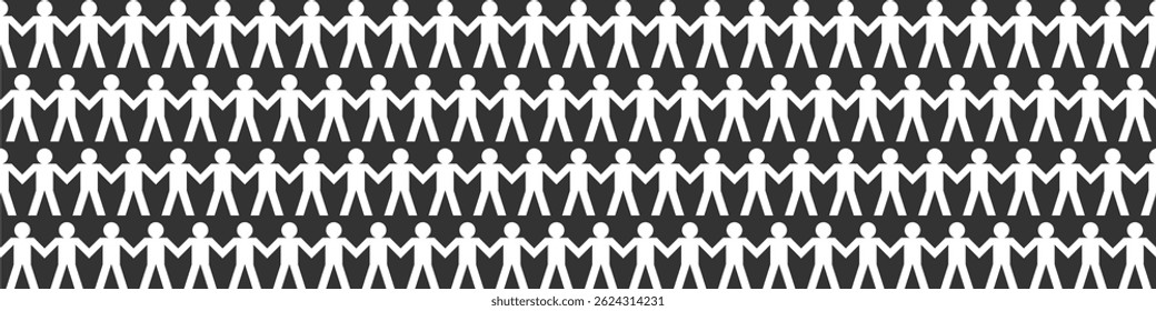Seamless Papercut human chain vector with simple stick figures holding hands. Ideal for community, teamwork, unity, cooperation, togetherness, and social group design illustrations.