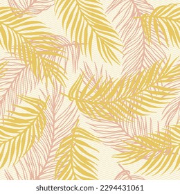 Seamless paradise palm leaves vector pattern. Botanical elements over waves texture background. Elegant palm tree leaves illustration. Herbarium leaves closeup design. Thailand holiday print.