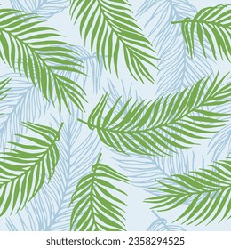 Seamless paradise palm leaves vector pattern. Botanical elements over waves texture backdrop. Abstract palm tree branches print. Big leaves closeup design. Botany decorative print
