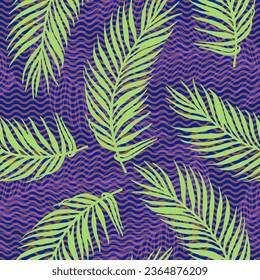 Patrón vectorial de hojas de palma del paraíso sin mar. Diseño botánico sobre fondo de textura de olas. Bonito tapiz con ramas de palmera. El herbario deja el diseño natural. Impresión de vacaciones en Tailandia.