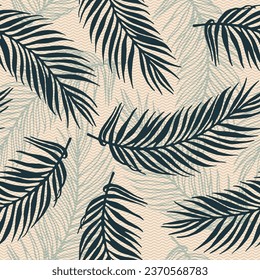 Seamless paradise palm leaves vector pattern. Botanical elements over waves texture background. Bright palm tree branches print. Plant leaves greenery design. Travel poster background.