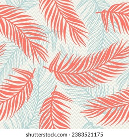 Nahtlose Paradies Palmen Blätter Vektormuster. Blumenelemente auf Wellen strukturieren Hintergrund. Elegante Palmen hinterlassen Illustrationen. Große Blätter Sommermuster. Royal Palm Stoffdruck.