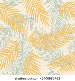Patrón vectorial de hojas de palma del paraíso sin mar. Diseño botánico sobre fondo de textura de ondas. Elegante tapiz de hojas de palmera. Patrón veraniego de hojas grandes. Impresión de vacaciones en Tailandia.