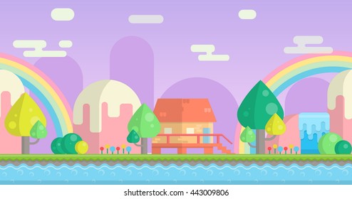 Seamless parallax effect ready fantasy mountain background for mobile apps and design. Sunny bright landscape with mountains, little house, waterfalls and river.