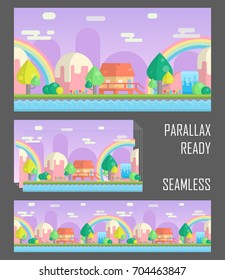 Seamless parallax effect ready fantasy mountain background for mobile apps and design. Sunny bright landscape with mountains, little house, waterfalls and river.