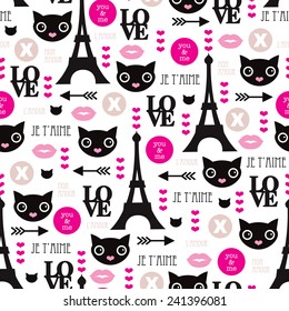 Seamless paris love and sweet kitten hearts and kisses illustration cool girls valentine background pattern in vector