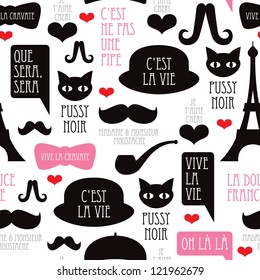 Seamless paris moustache mustache pattern french background in vector