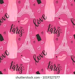 Seamless Paris pattern with Eiffel Tower, lipstick, red lips and dress.  Perfect for wallpapers, web page, surface textures, textile, invitations, clothing, cards, designs products. Valentine`s day 