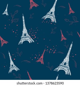 Seamless Paris pattern with Eiffel Tower and roses flowers. French vector background. Perfect for wallpapers, web page, surface textures, textile, invitations, clothing, cards, designs products
