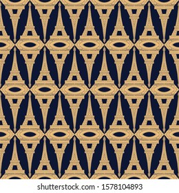 Seamless Paris pattern with Eiffel Tower. French vector background. Gold color  and dark blue background