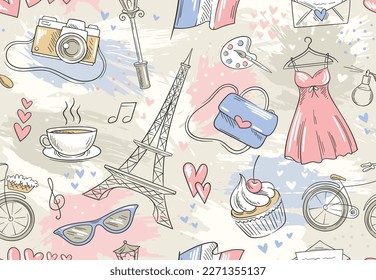 Seamless Paris pattern. Repeating template with Eiffel Tower, French flag, romantic dress, coffee and hearts. Design element for postcard, clothes and wrapping paper. Cartoon flat vector illustration