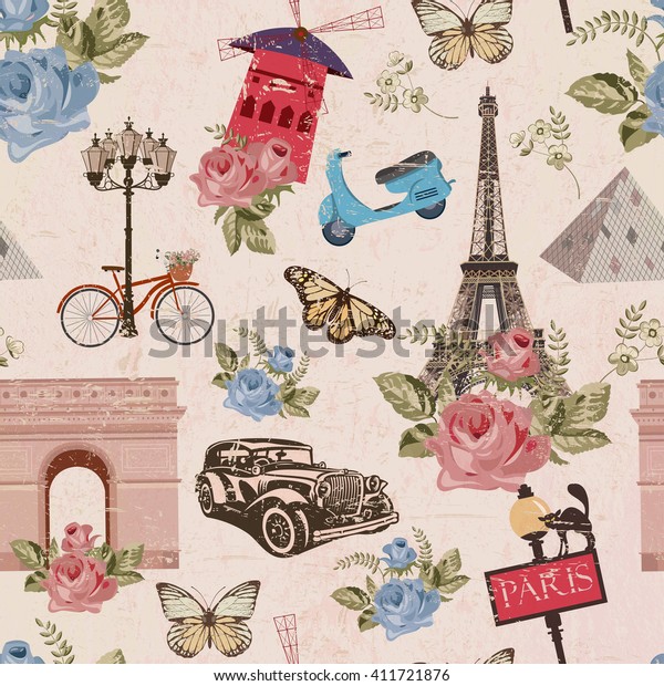 シームレスなパリの旅の壁紙 ビンテージ背景 のベクター画像素材 ロイヤリティフリー
