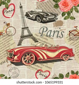 Seamless Paris travel wallpaper.Vintage newspaper background.