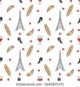 Seamless Paris-themed pattern with Eiffel Tower, croissants, baguettes, wine glasses, lavender, and red hearts. Fun and romantic French design.