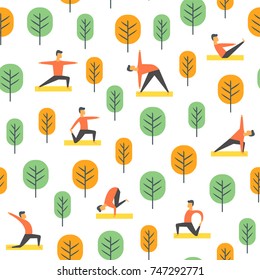 Seamless park activity pattern. Sport, people in yoga poses. Wrapping paper vector template.