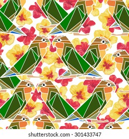seamless Parrot color vector illustration. Beautiful print summer tropics, flowers, pattern