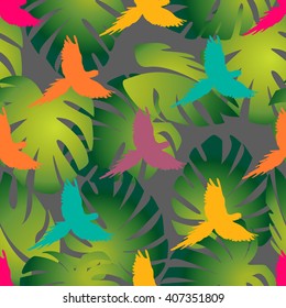 Seamless parrot colorful pattern with jungle leaves