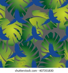 Seamless parrot colorful pattern with jungle leaves