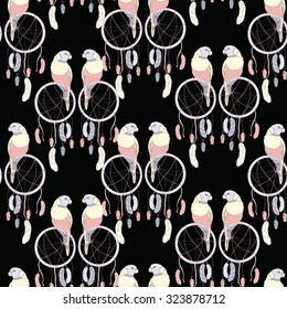 Seamless parrots and dream catchers pattern on sweet pink background. Pastel colors. Vector. Black background