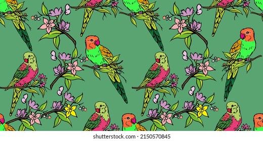Seamless parrots on green art vector for fabric, illustration, background