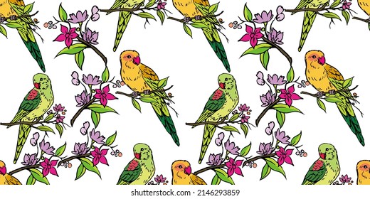 Seamless parrots on white art vector for fabric, illustration, background