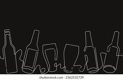 Parterita sin mar con bebidas. Fondo con el dibujo continuo de botellas blancas y vasos. Ilustración vectorial.