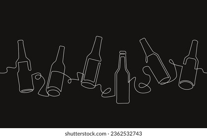 Parterita sin mar con bebidas. Fondo con botellas de dibujo de línea continua. Ilustración vectorial.